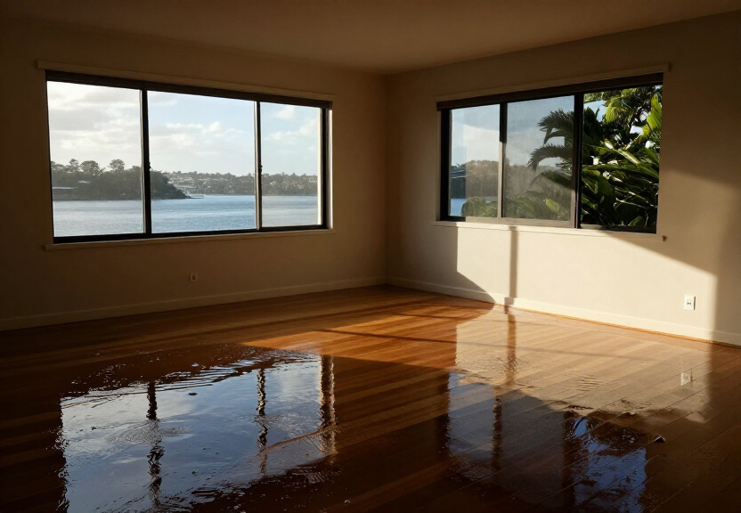 Flooded living room in Gymea before restoration